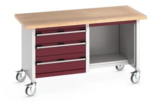 41002115.** Bott Cubio Mobile Storage Workbench 1500mm wide x 750mm Deep x 840mm high supplied with a Multiplex (layered beech ply) worktop, 3 x Drawers (1 x 200mm & 2 x 150mm high)  and 1 x open section with 1/2 depth base shelf....
